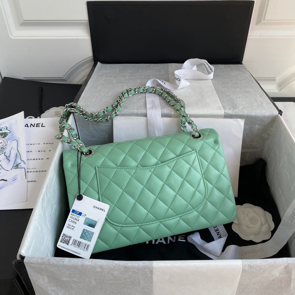 Chanel A01112 Classic Handbag Lambskin Green Silver