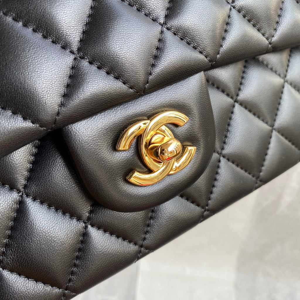 Chanel A01112 Classic Handbag Lambskin Black Gold