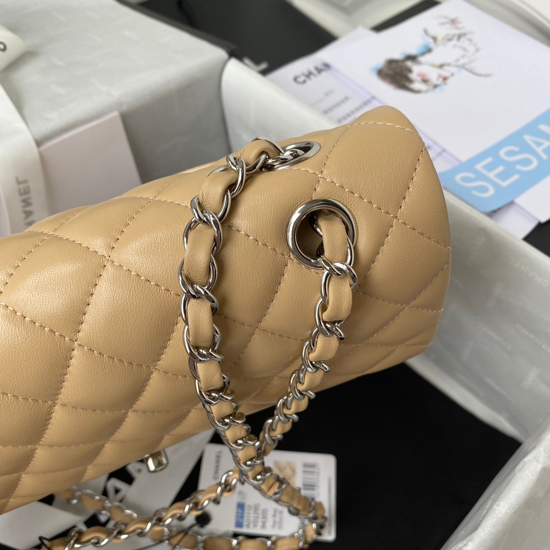 Chanel A01112 Classic Handbag Lambskin Dark Beige Silver