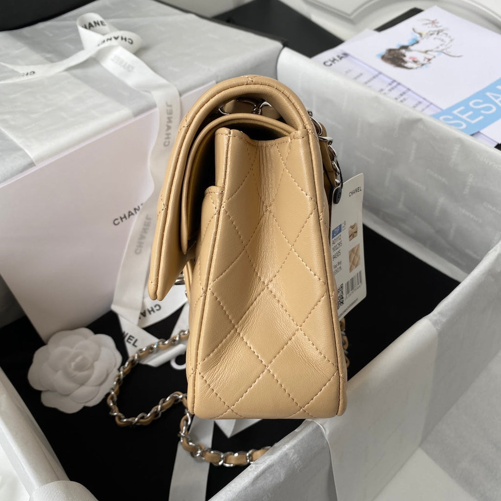 Chanel A01112 Classic Handbag Lambskin Dark Beige Silver