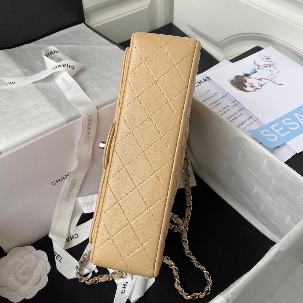 Chanel A01112 Classic Handbag Lambskin Dark Beige Silver