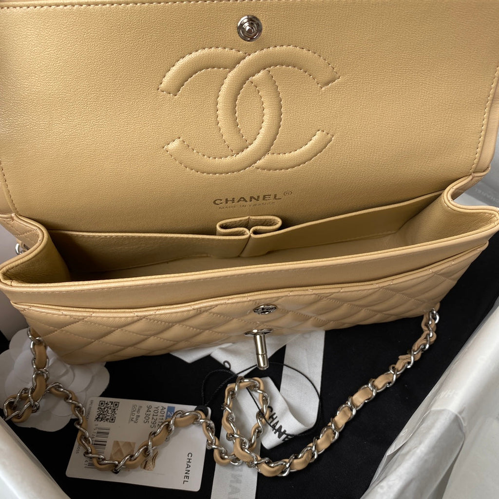 Chanel A01112 Classic Handbag Lambskin Dark Beige Silver