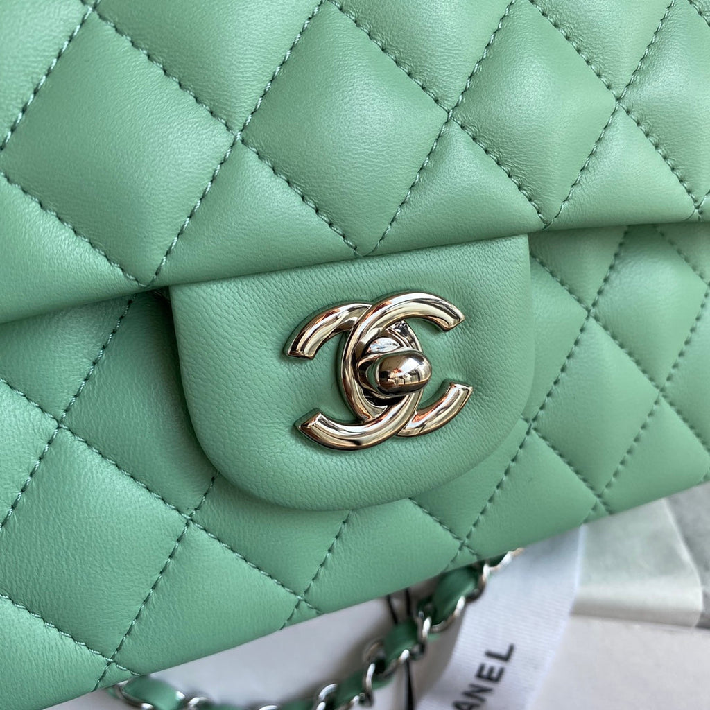 Chanel A01112 Classic Handbag Lambskin Green Silver