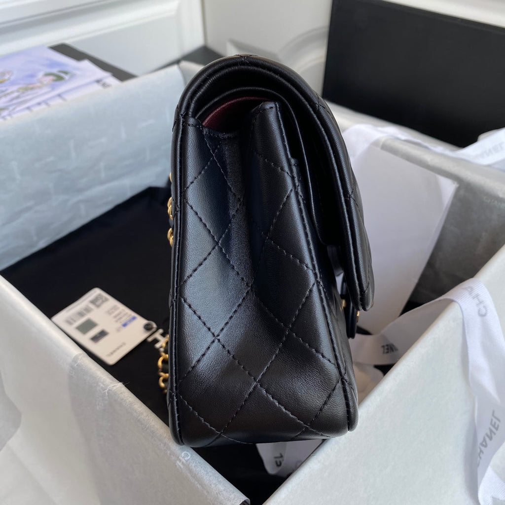Chanel A01112 Classic Handbag Lambskin Black Gold