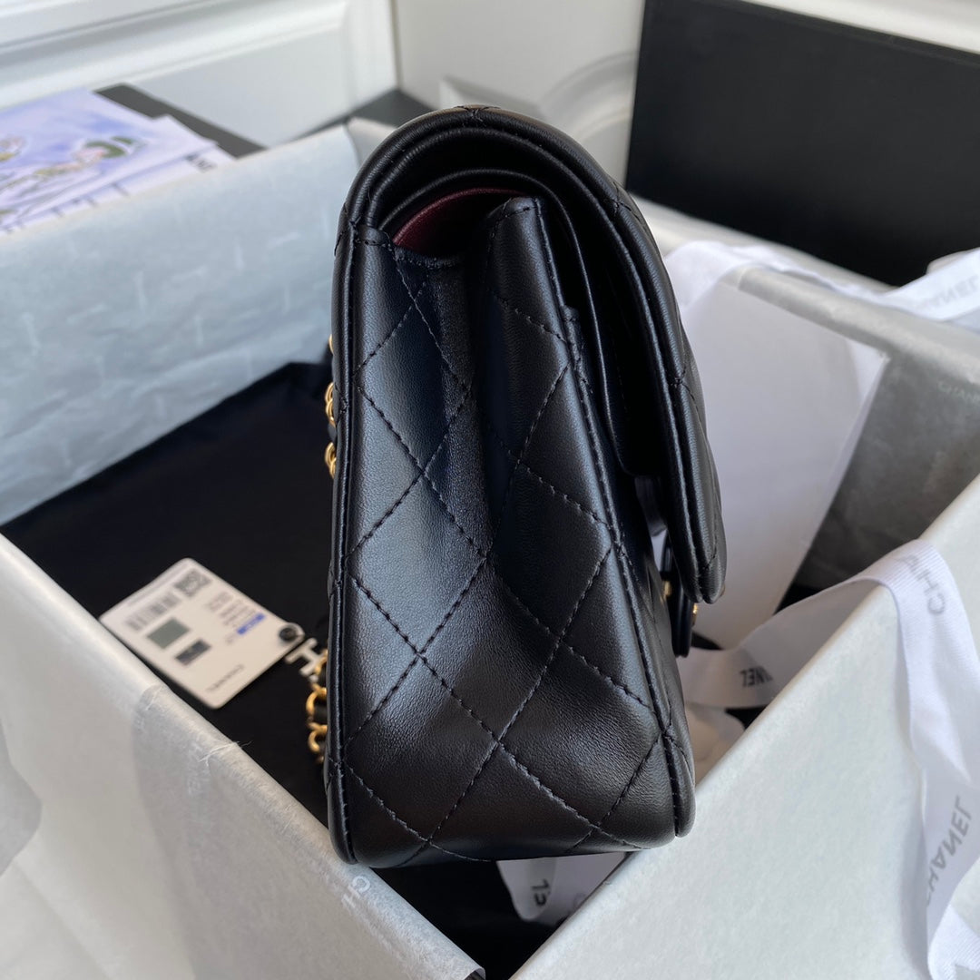 Chanel A01112 Classic Handbag Lambskin Black Gold