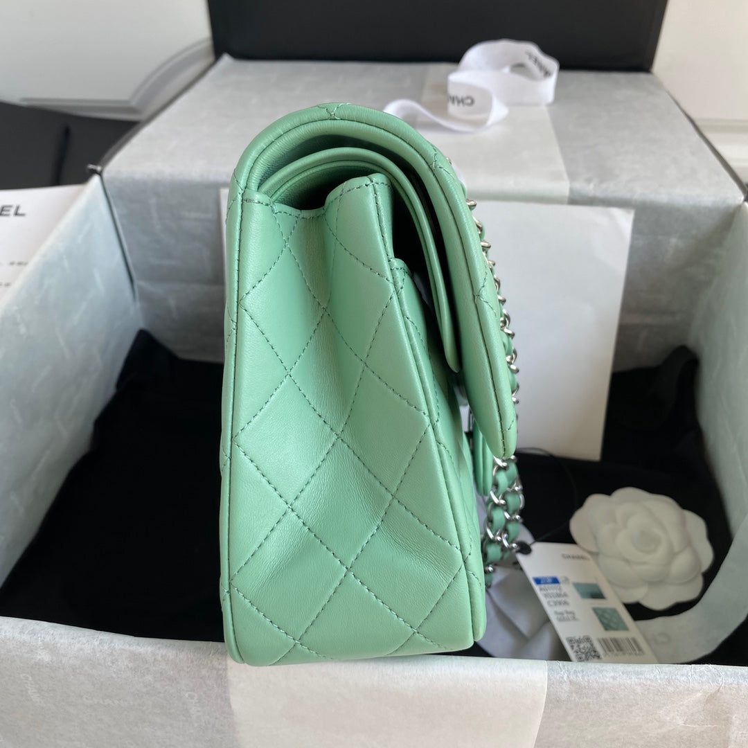 Chanel A01112 Classic Handbag Lambskin Green Silver