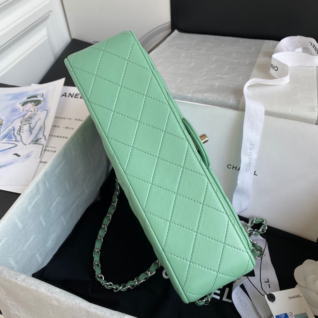 Chanel A01112 Classic Handbag Lambskin Green Silver