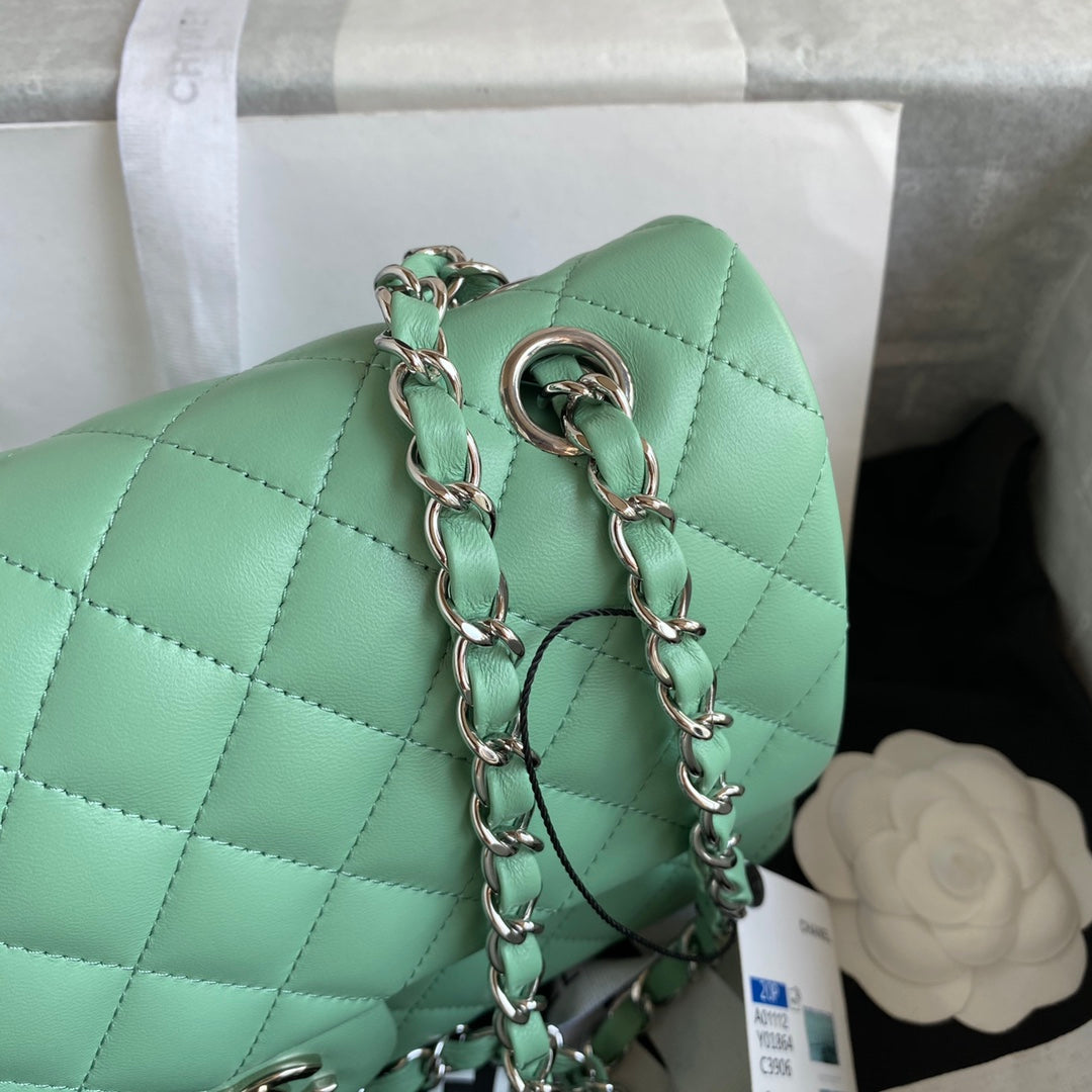 Chanel A01112 Classic Handbag Lambskin Green Silver