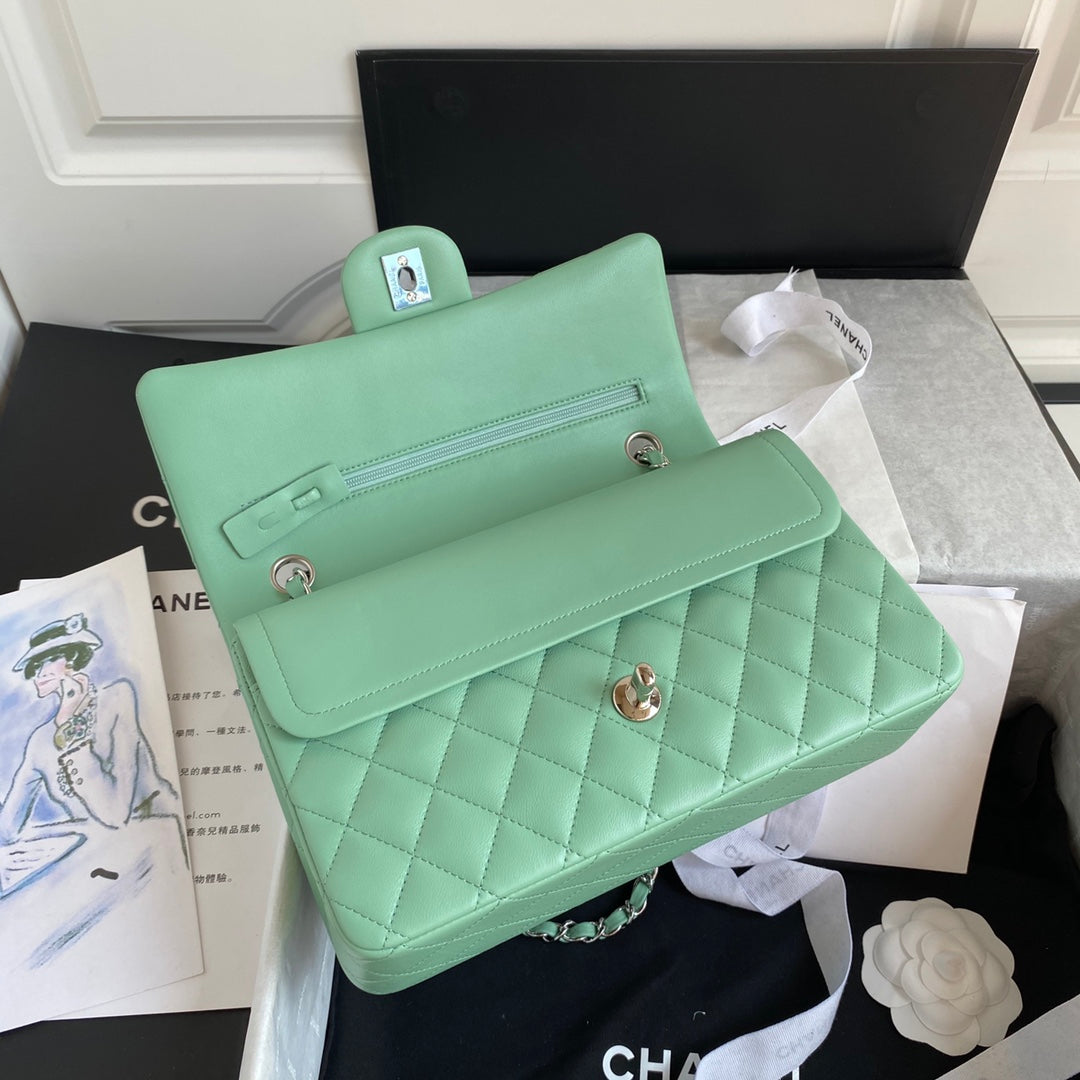 Chanel A01112 Classic Handbag Lambskin Green Silver