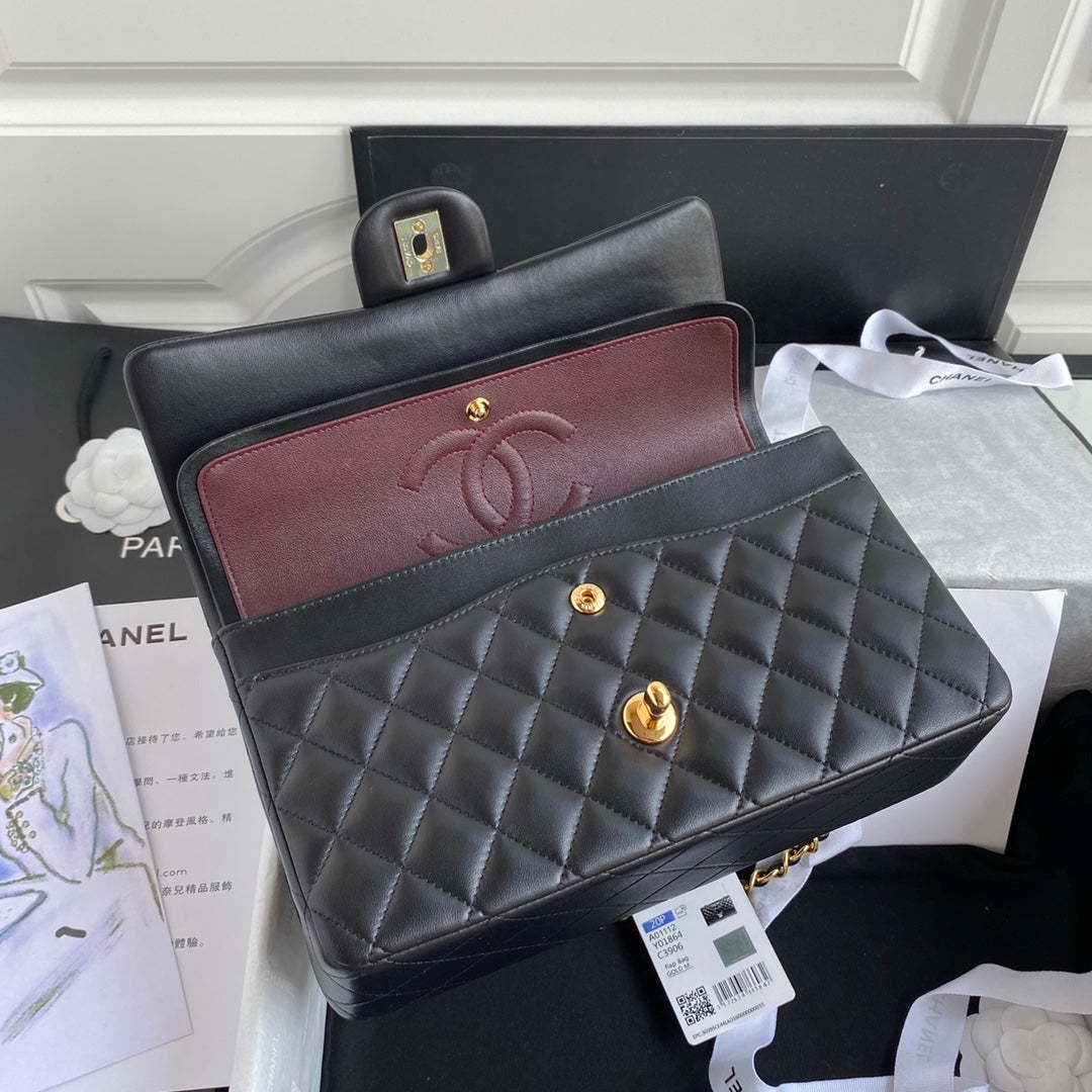Chanel A01112 Classic Handbag Lambskin Black Gold