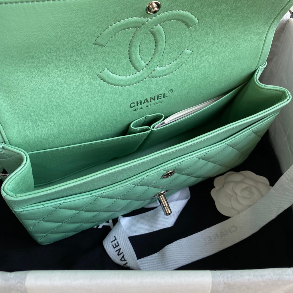 Chanel A01112 Classic Handbag Lambskin Green Silver