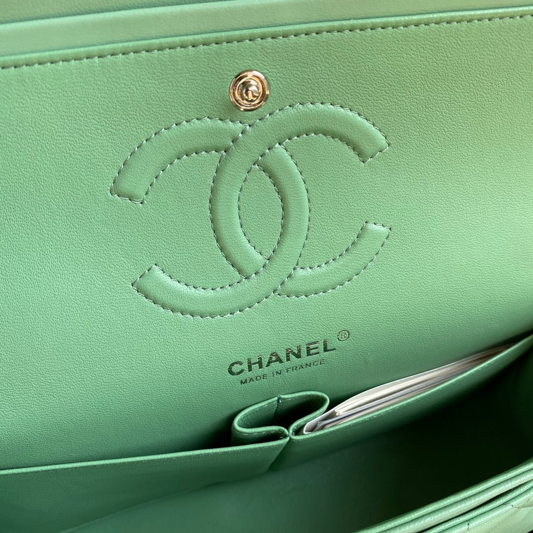 Chanel A01112 Classic Handbag Lambskin Green Silver