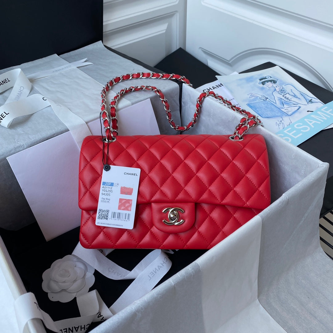 Chanel A01112 Classic Handbag Lambskin Red Silver