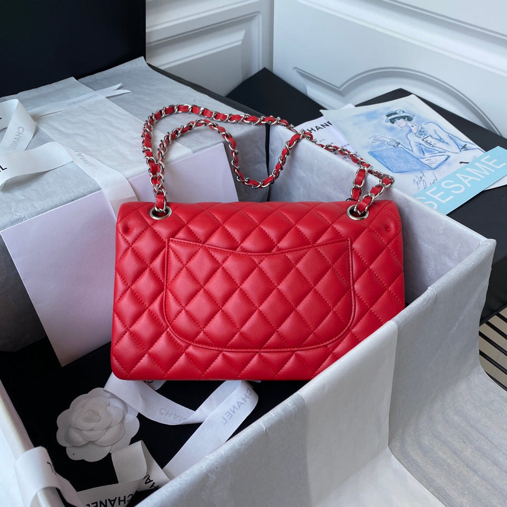 Chanel A01112 Classic Handbag Lambskin Red Silver