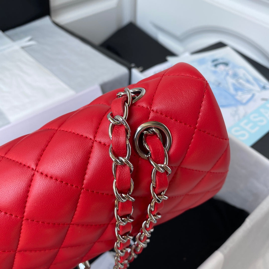 Chanel A01112 Classic Handbag Lambskin Red Silver