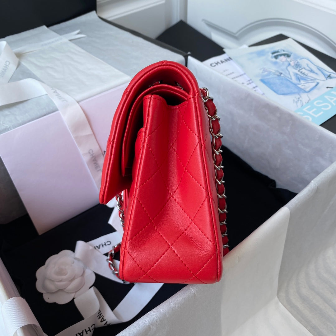 Chanel A01112 Classic Handbag Lambskin Red Silver
