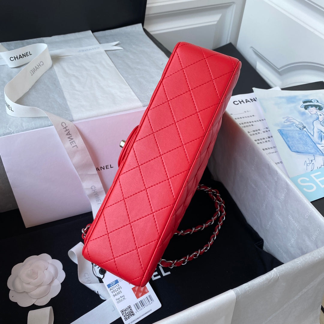 Chanel A01112 Classic Handbag Lambskin Red Silver