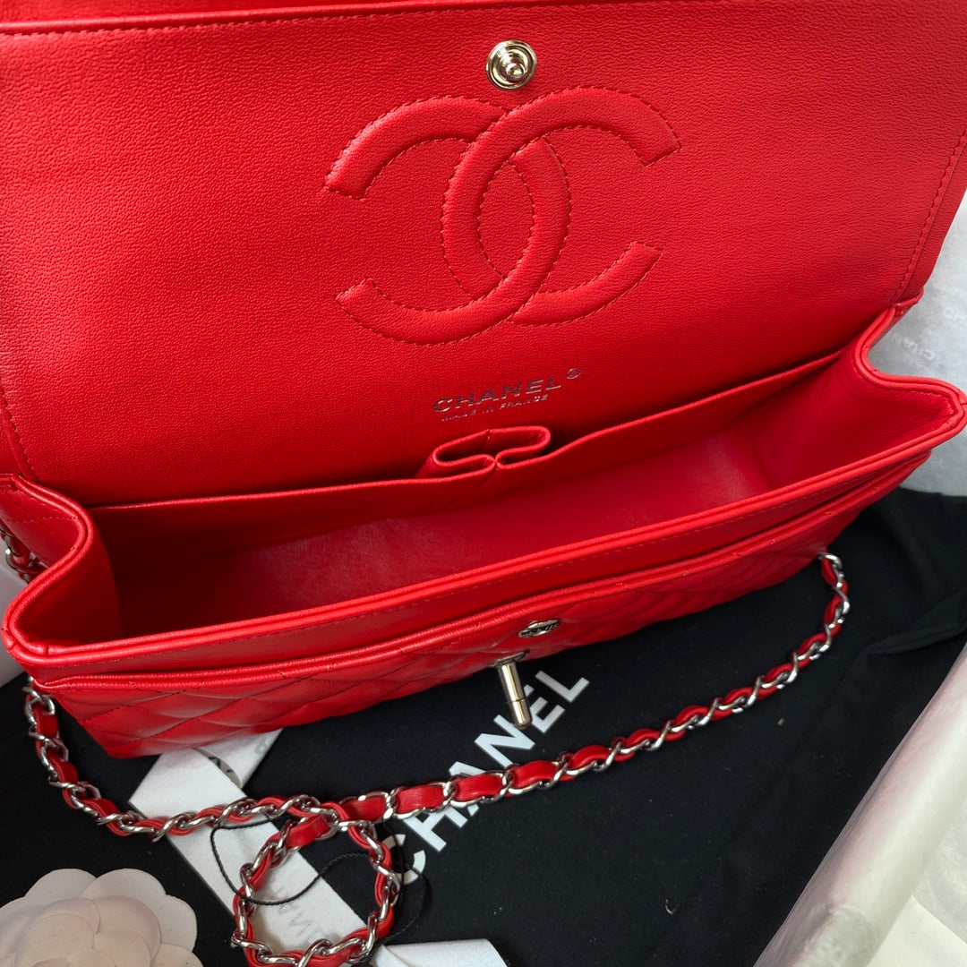 Chanel A01112 Classic Handbag Lambskin Red Silver