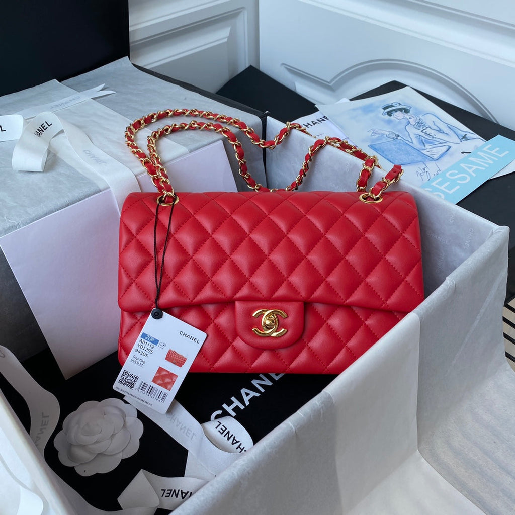 Chanel A01112 Classic Handbag Lambskin Red Gold