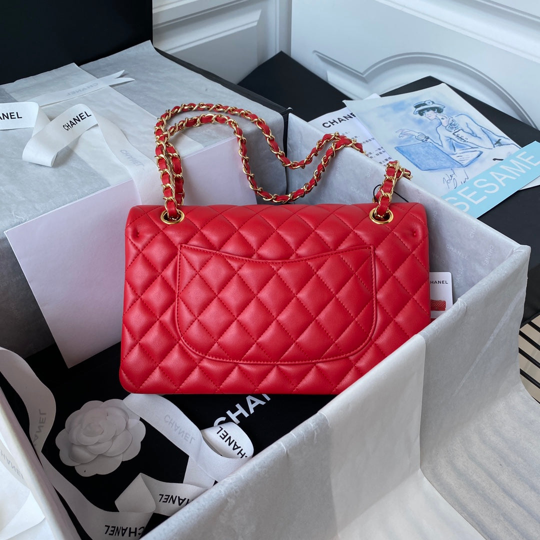 Chanel A01112 Classic Handbag Lambskin Red Gold