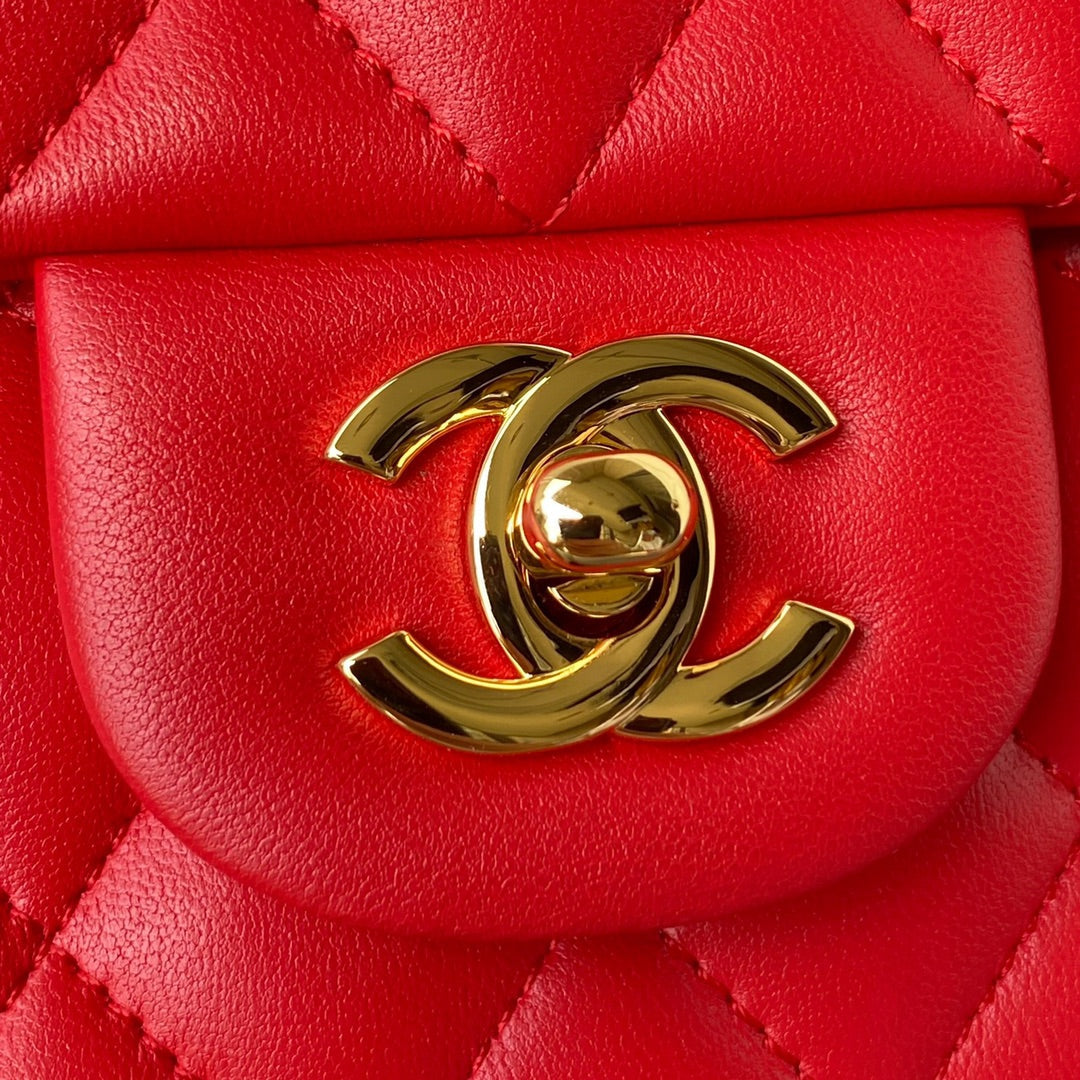 Chanel A01112 Classic Handbag Lambskin Red Gold