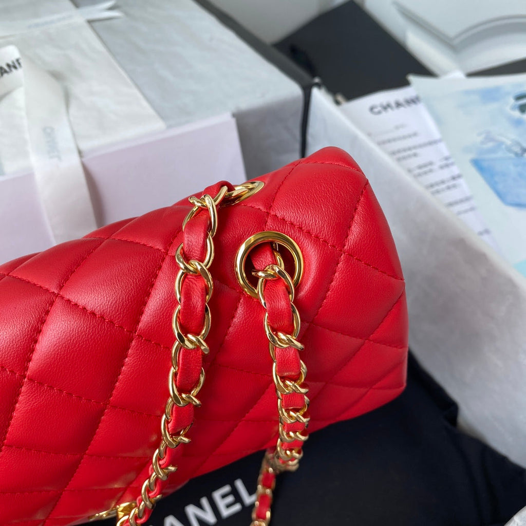 Chanel A01112 Classic Handbag Lambskin Red Gold