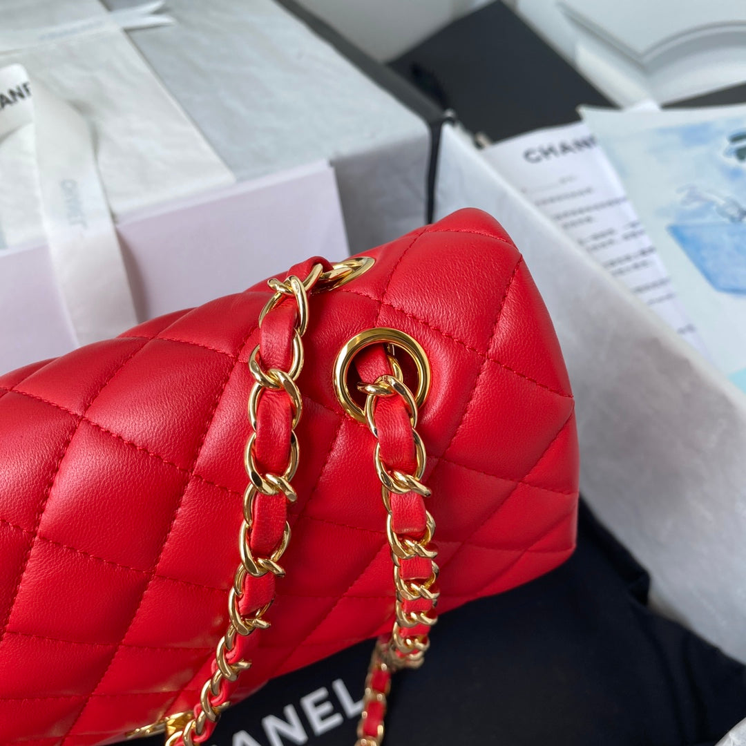 Chanel A01112 Classic Handbag Lambskin Red Gold