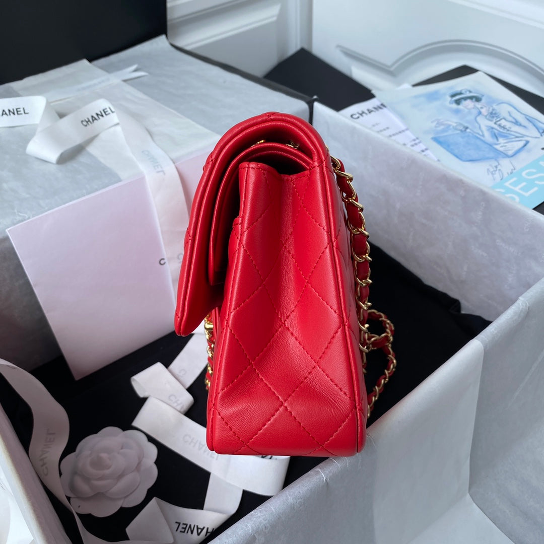 Chanel A01112 Classic Handbag Lambskin Red Gold