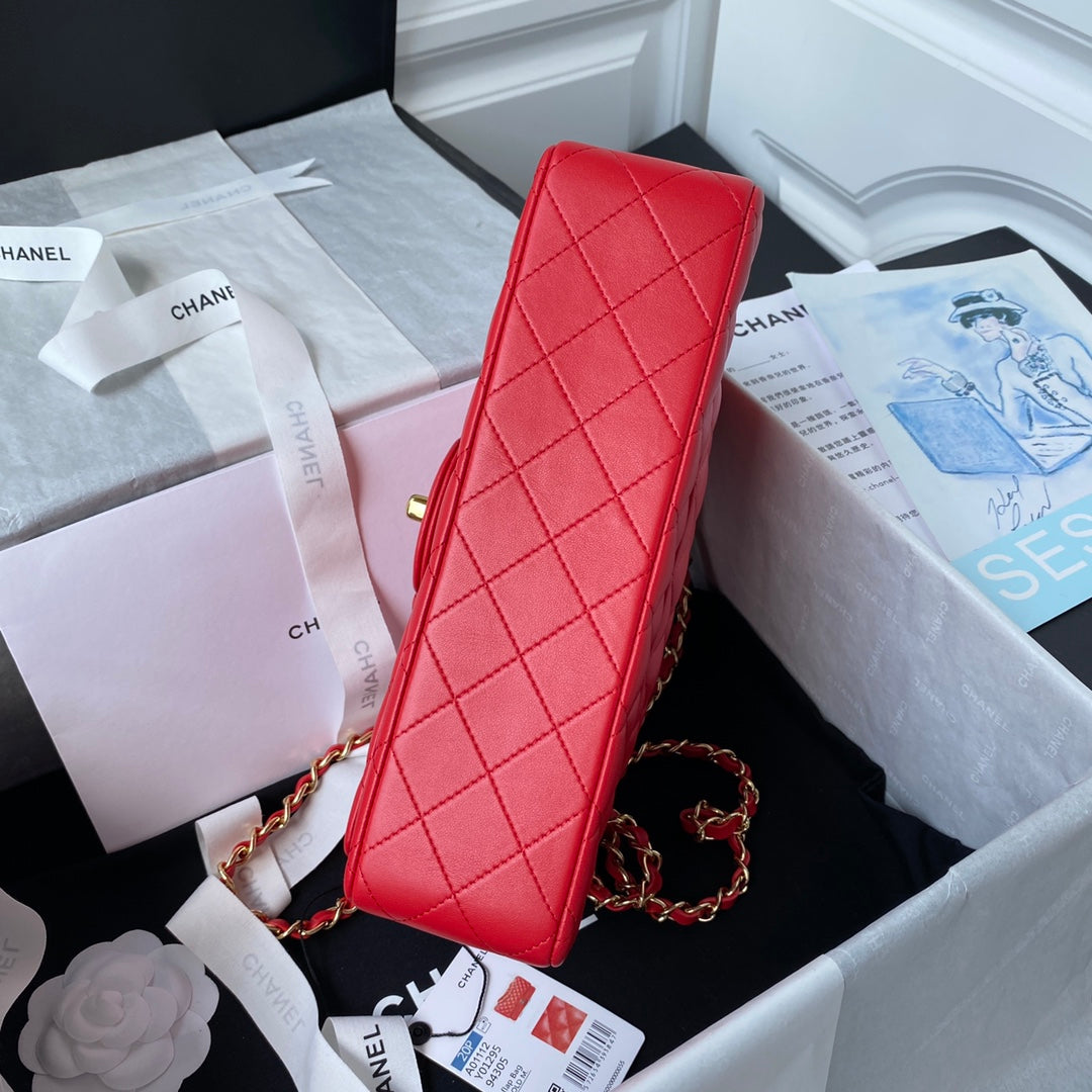 Chanel A01112 Classic Handbag Lambskin Red Gold