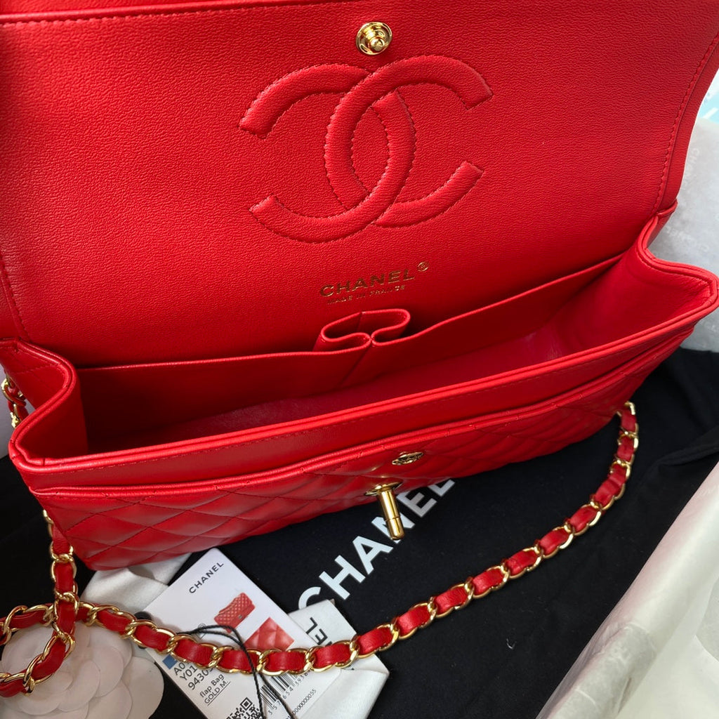 Chanel A01112 Classic Handbag Lambskin Red Gold