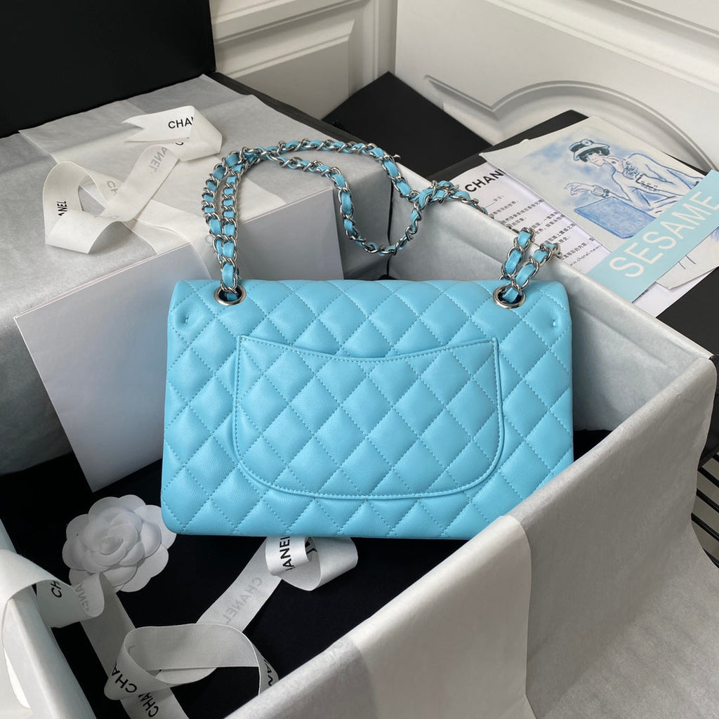 Chanel A01112 Classic Handbag Lambskin Light Blue Silver