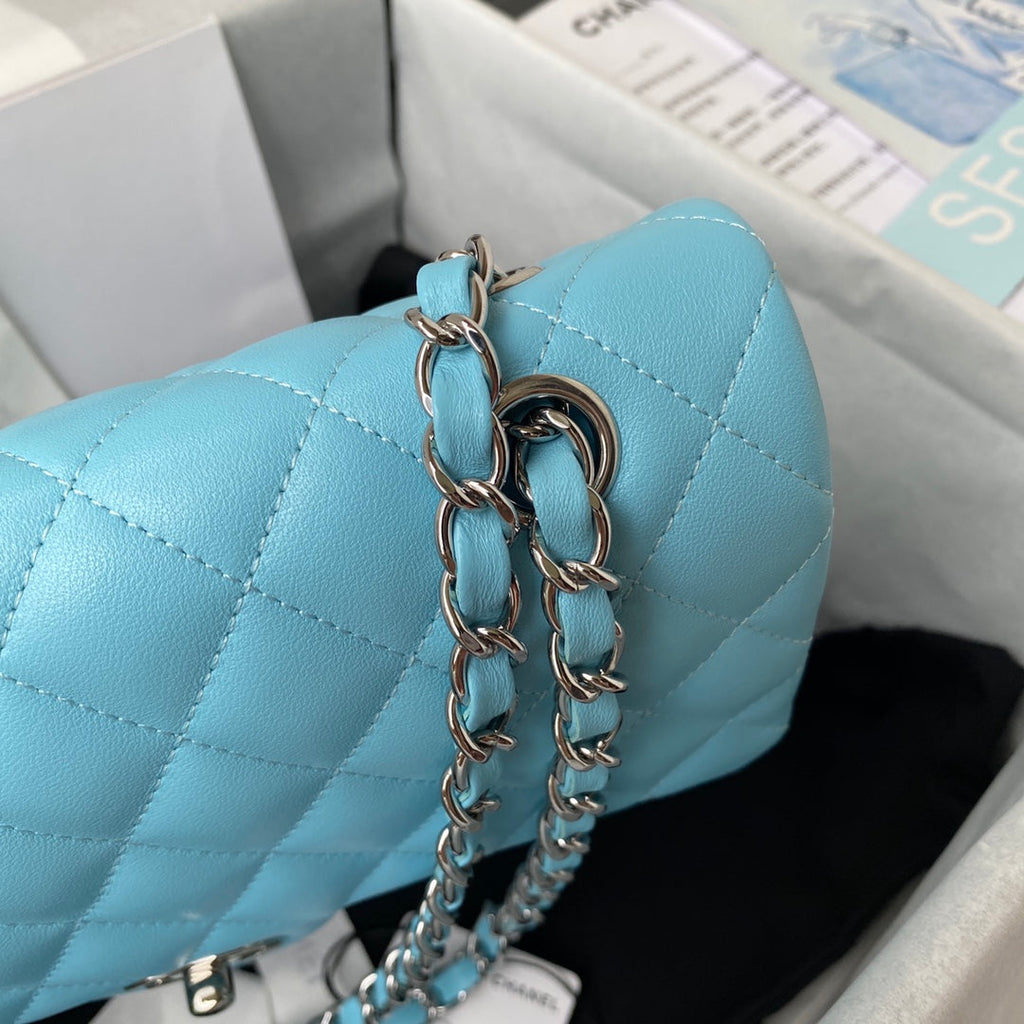 Chanel A01112 Classic Handbag Lambskin Light Blue Silver