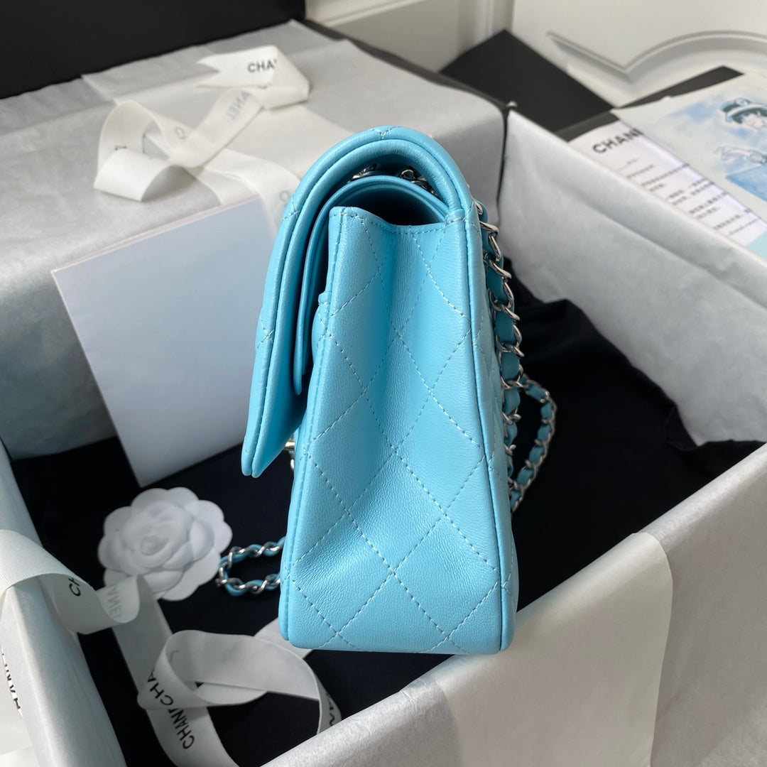 Chanel A01112 Classic Handbag Lambskin Light Blue Silver