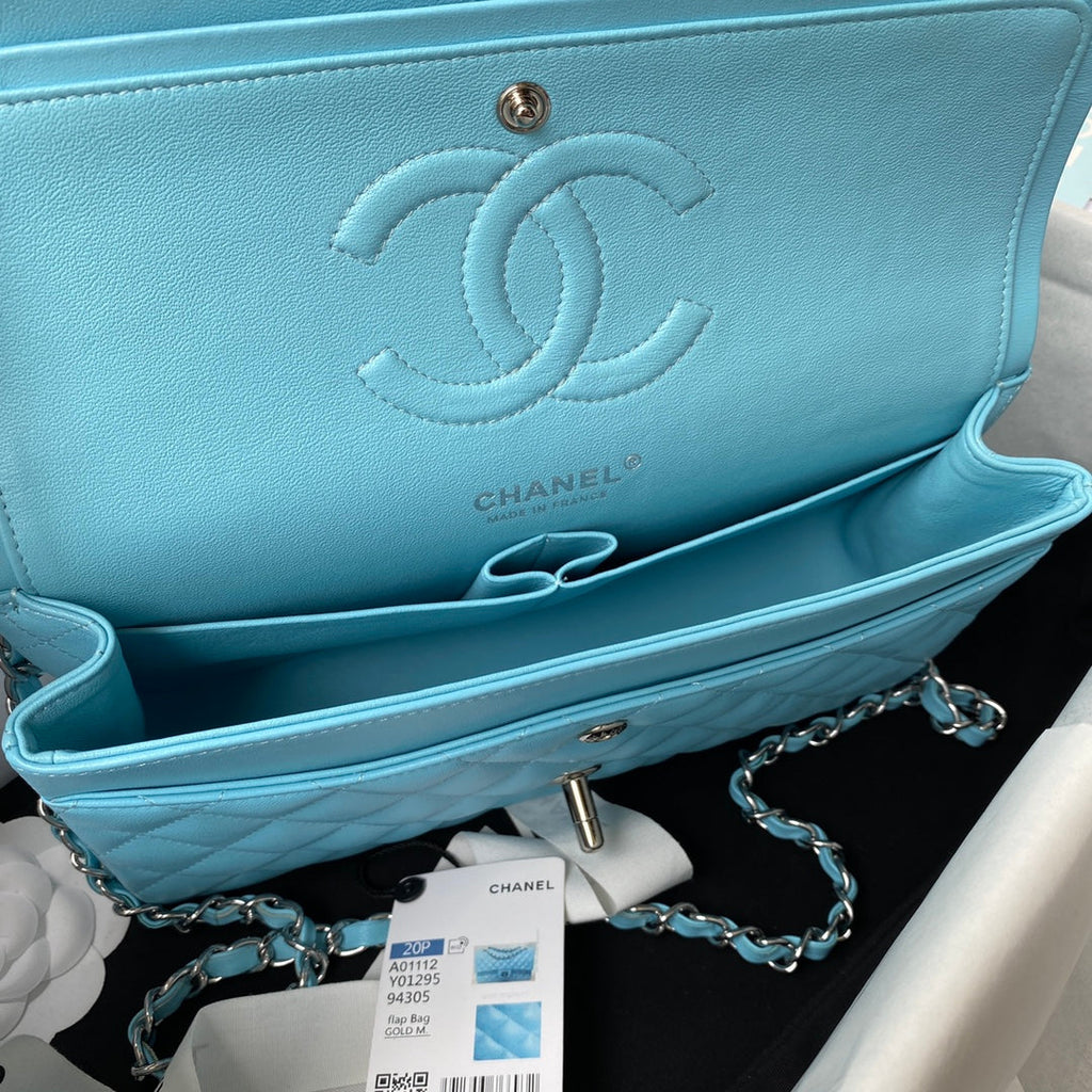 Chanel A01112 Classic Handbag Lambskin Light Blue Silver