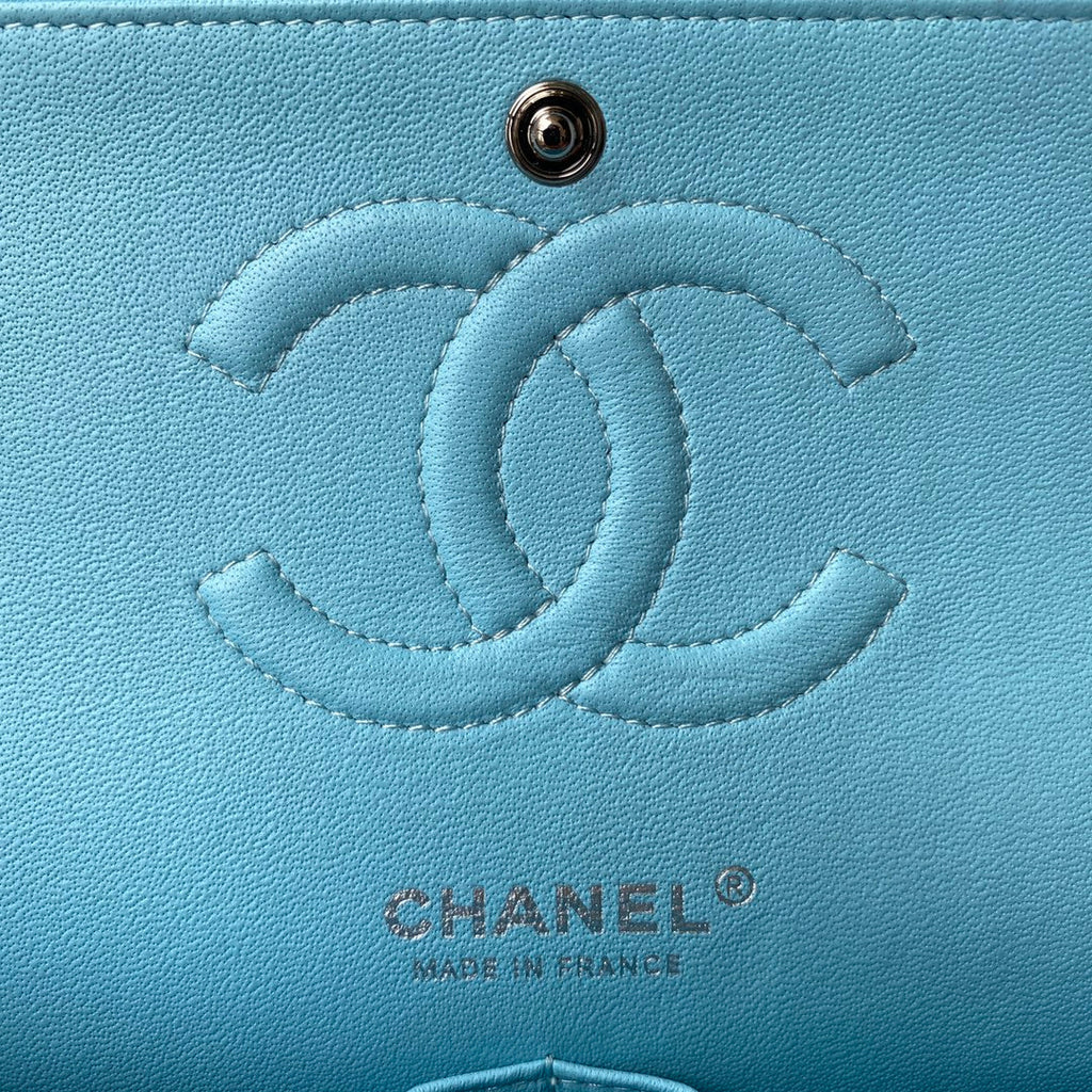 Chanel A01112 Classic Handbag Lambskin Light Blue Silver