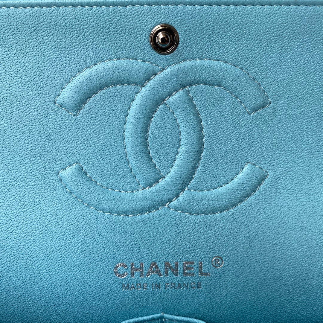 Chanel A01112 Classic Handbag Lambskin Light Blue Silver