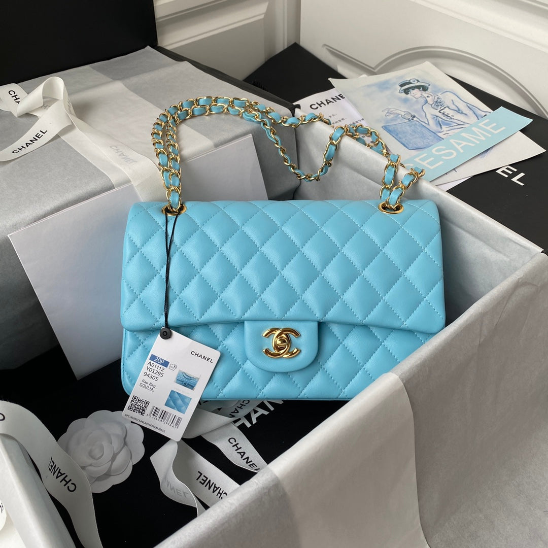 Chanel A01112 Classic Handbag Lambskin Light Blue Gold