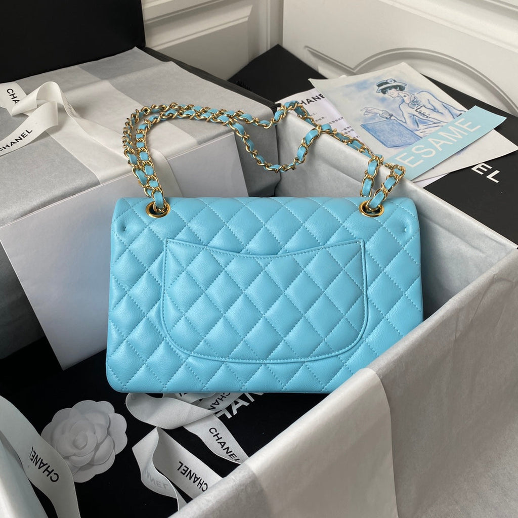 Chanel A01112 Classic Handbag Lambskin Light Blue Gold