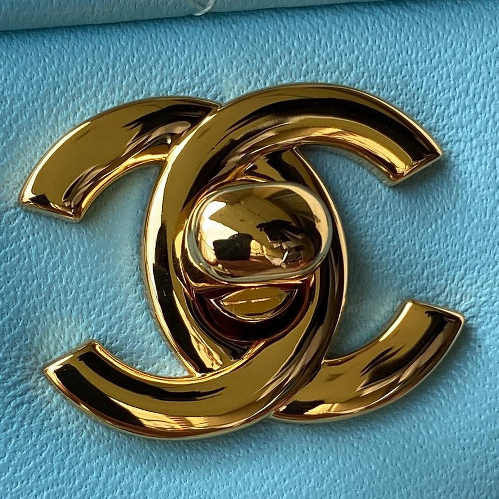 Chanel A01112 Classic Handbag Lambskin Light Blue Gold
