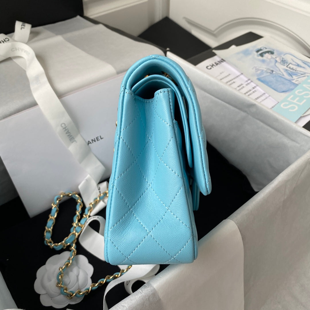 Chanel A01112 Classic Handbag Lambskin Light Blue Gold