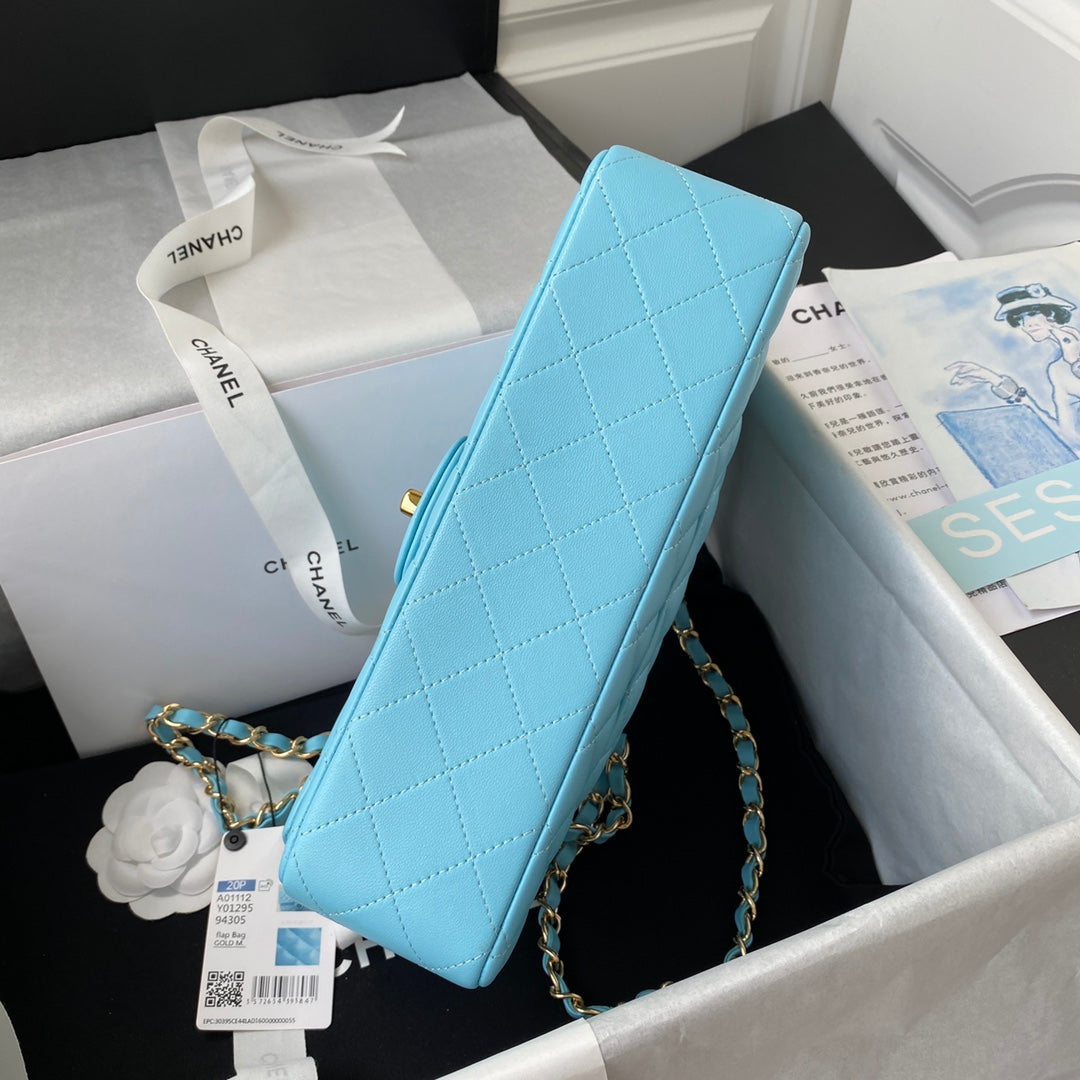 Chanel A01112 Classic Handbag Lambskin Light Blue Gold