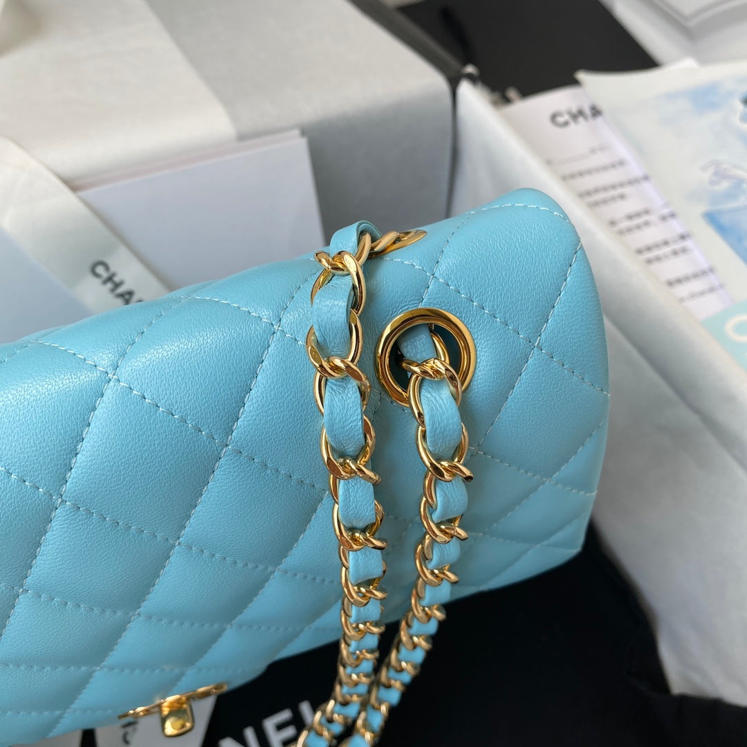 Chanel A01112 Classic Handbag Lambskin Light Blue Gold