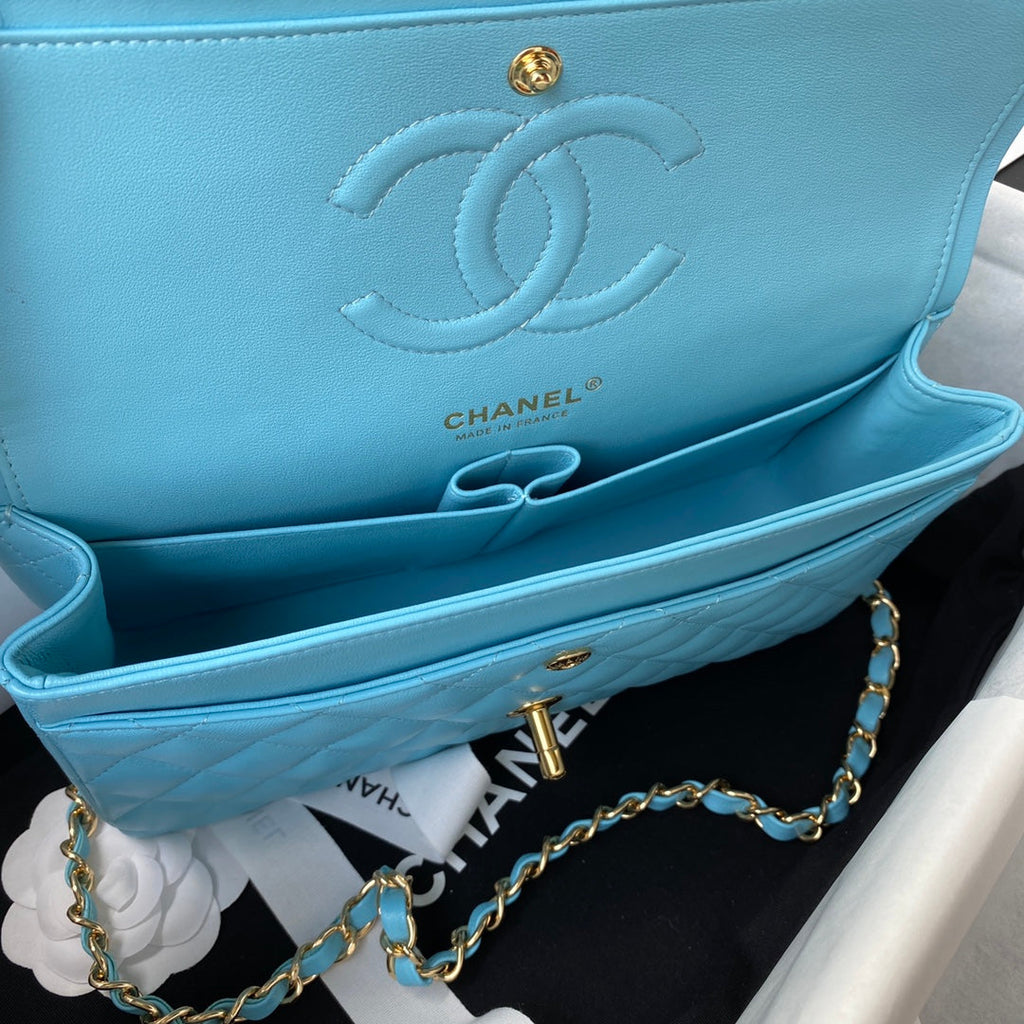 Chanel A01112 Classic Handbag Lambskin Light Blue Gold