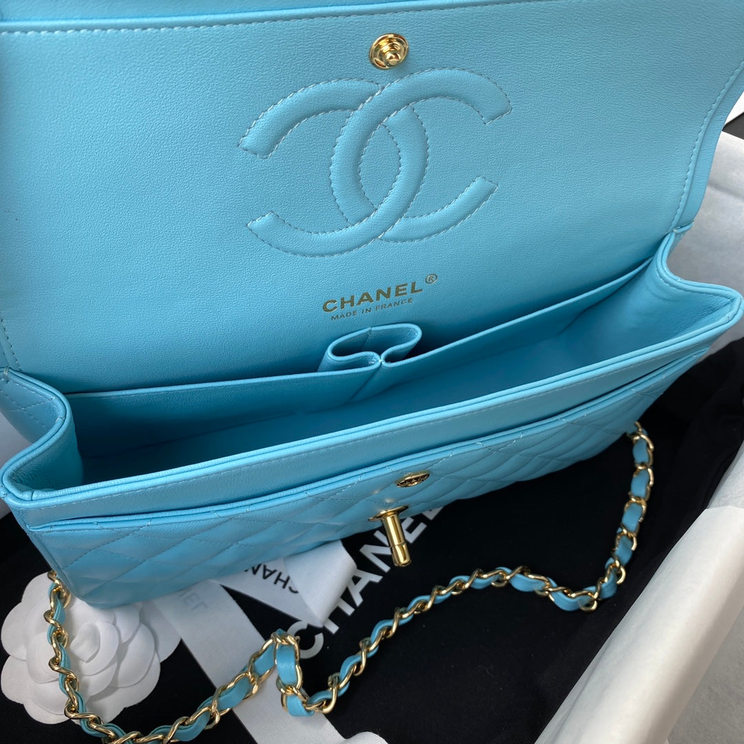 Chanel A01112 Classic Handbag Lambskin Light Blue Gold