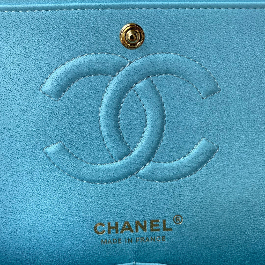 Chanel A01112 Classic Handbag Lambskin Light Blue Gold