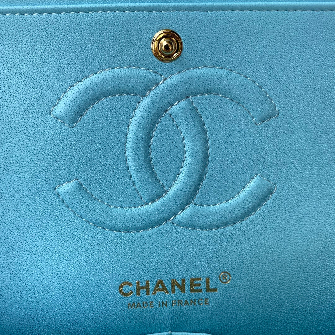 Chanel A01112 Classic Handbag Lambskin Light Blue Gold