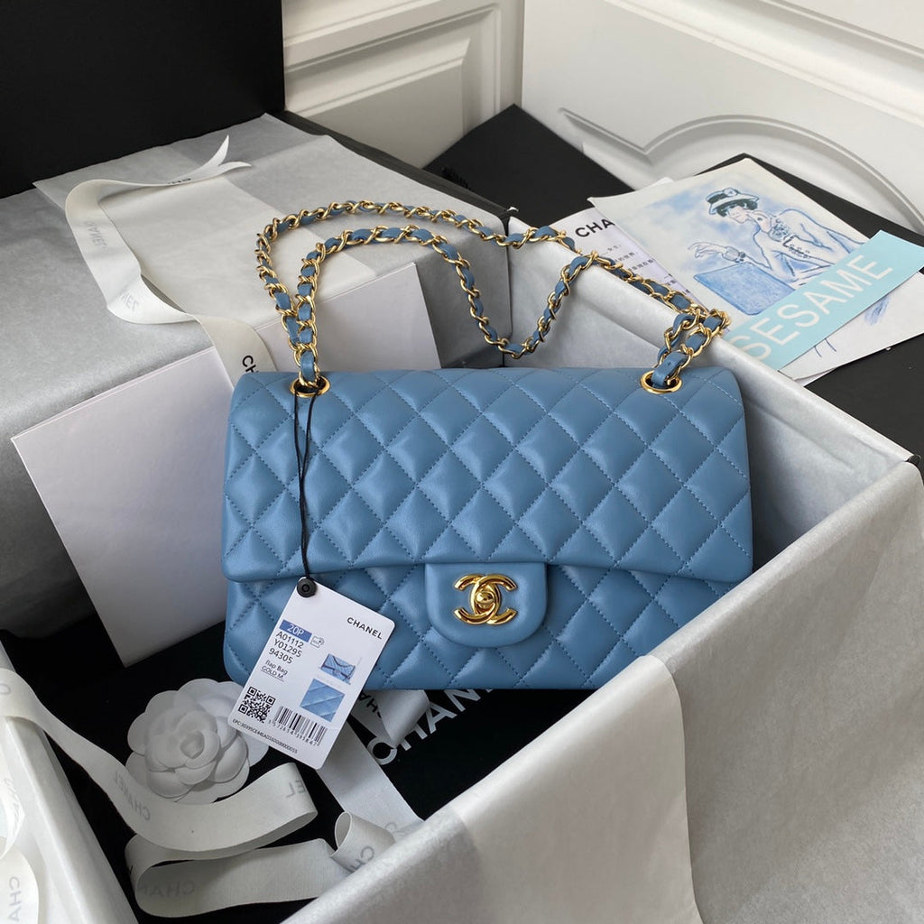 Chanel A01112 Classic Handbag Lambskin Blue Gold