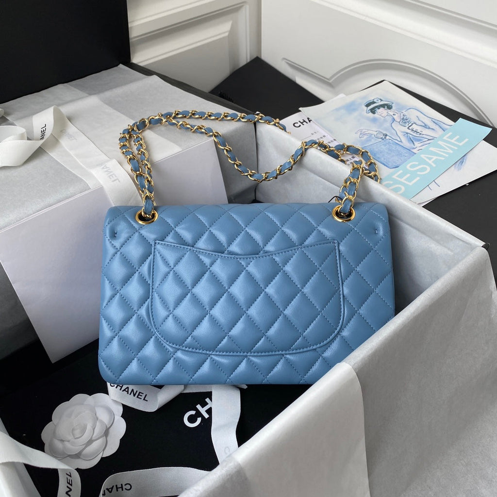 Chanel A01112 Classic Handbag Lambskin Blue Gold