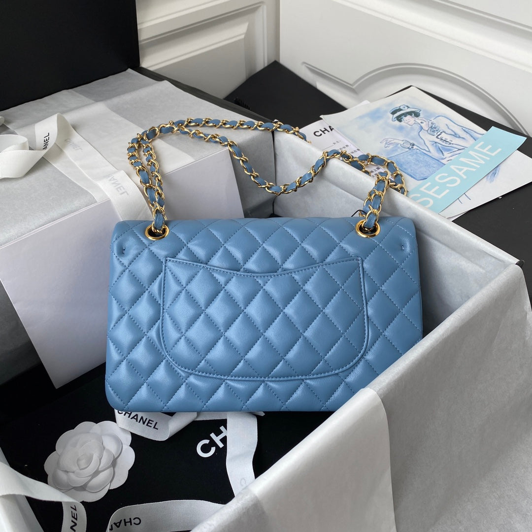 Chanel A01112 Classic Handbag Lambskin Blue Gold