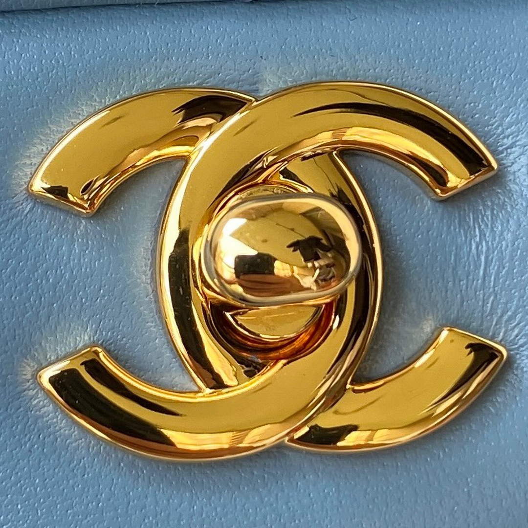 Chanel A01112 Classic Handbag Lambskin Blue Gold